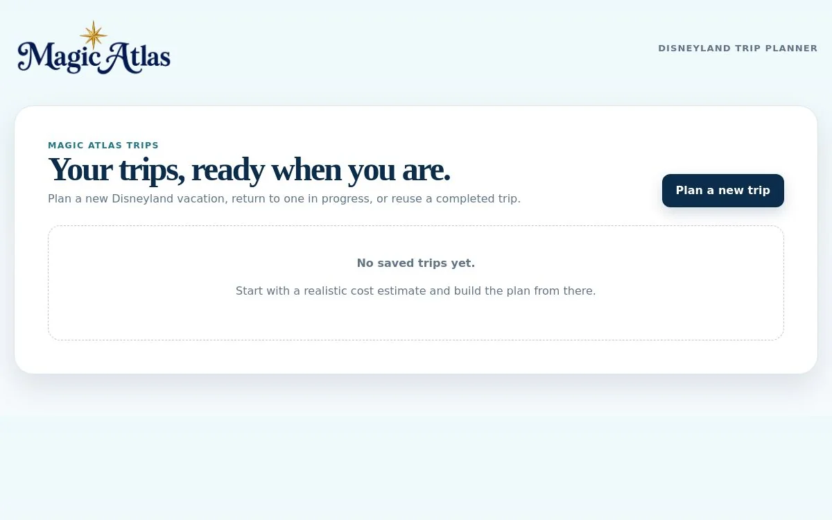 Magic Atlas planning app showing the trip dashboard and Plan a new trip button