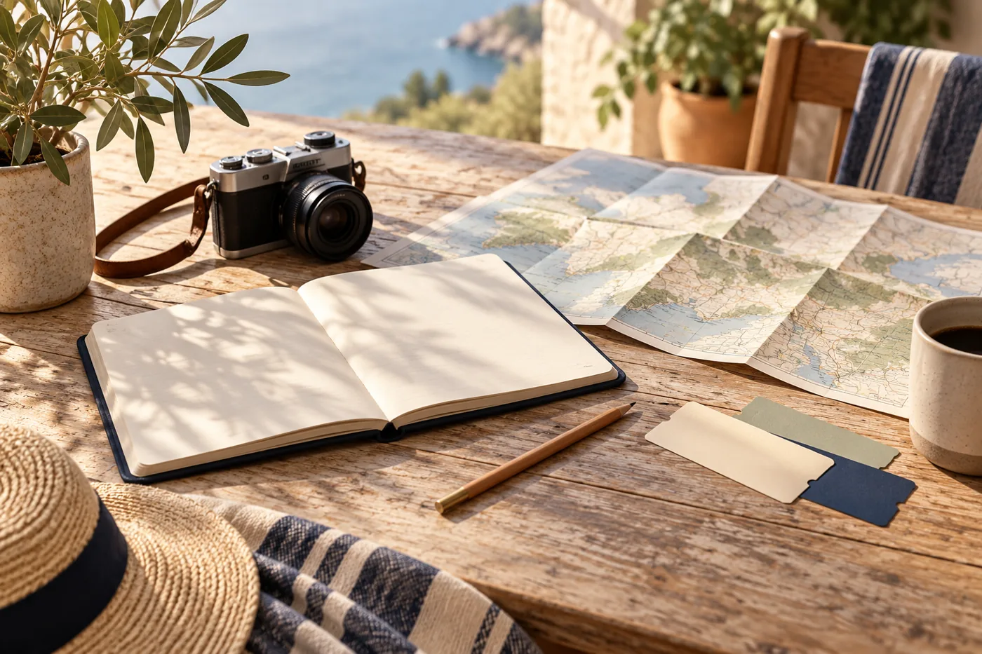 A notebook, map and camera laid out for trip planning